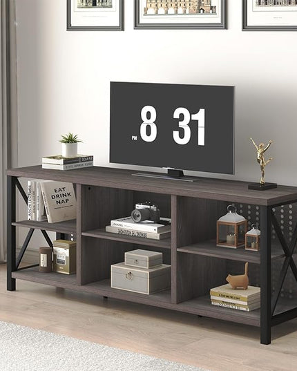 LVB TV Stand for 70 Inch TV, Rustic Industrial Entertainment Center, Large Television Stands for Living Bedroom, Long Wood Metal TV Table Stand with Media Console Cabinet Storage, Dark Gray Oak, 59 IN - LeafyLoom