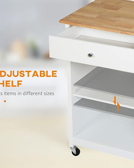 HOMCOM 27" Rolling Kitchen Island Cart with Drawer and Glass Door Cabinet, Kitchen Trolley with Adjustable Shelf and Towel Rack, White - LeafyLoom