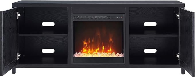 Henn&Hart Rectangular TV Stand with Crystal Fireplace for TV's up to 65" in Black, Electric Fireplace TV Stands for the Living Room - LeafyLoom