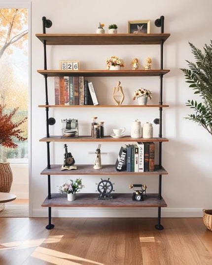 6 Tier Industrial Ladder Pipe Shelf, Wall Mounted Wood Metal Bookshelf for Living Room Storage (Weathered Brown, 10" D x 48" W x 82.5" H) - LeafyLoom