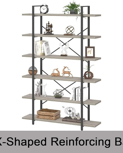 HSH 6 Tier Tall Bookshelf, Wood and Metal Vertical Display Book Shelf, Industrial 6 Shelf Bookcases and Book Shelves Storage Rack, Large Open Book Case for Bedroom Living Room Office, Light Grey Oak - LeafyLoom
