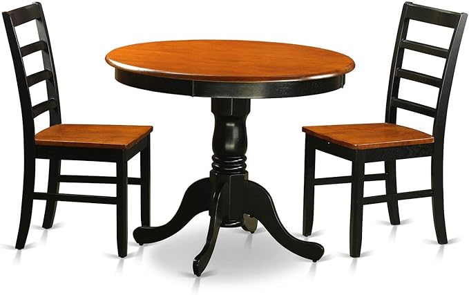 East West Furniture ANPF3-BLK-W Antique 3 Piece Kitchen Set Contains a Round Dining Room Table with Pedestal and 2 Solid Wood Seat Chairs, 36x36 Inch - LeafyLoom