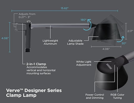 BLACK+DECKER Verve Designer LED Clamp Light, Fits Shelves, Cubicles & Headboards, True White LED + 16M RGB Colors - LeafyLoom