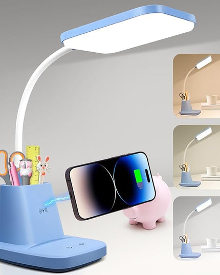 Sailstar Small Desk Lamp, Kids Desk Lamp with Pen Holder, Wireless Charger LED Desk Lamps for Home Office, 800LM Gooseneck 3 Modes Dimmable Touch Cute Desk Lamp, Blue Study Lamp for College Dorm Room - LeafyLoom