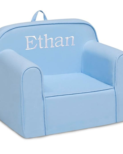 Delta Children Personalized Cozee Chair - Customize with Name – Foam Kids Chair for Ages 18 Months and Up, Powder Blue - LeafyLoom