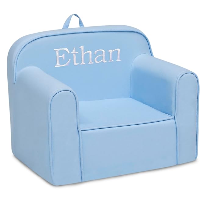 Delta Children Personalized Cozee Chair - Customize with Name – Foam Kids Chair for Ages 18 Months and Up, Powder Blue - LeafyLoom