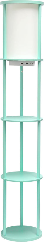Simple Designs LF2010-AQU 62.5" Round Modern Shelf Etagere Organizer Storage Floor Lamp with 2 USB Charging Ports, 1 Charging Outlet and Linen Shade for Living Room Bedroom, Aqua, 11.5 x 11.5 x 62.5 - LeafyLoom