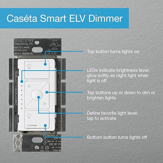 Lutron Caséta Wireless Smart Lighting Dimmer Switch for ELV+ Bulbs with Pico Remote, White Lutron