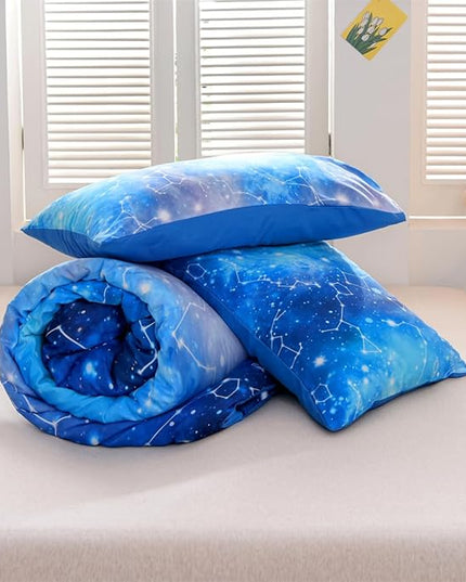 Holawakaka Tie Dye Constellation Print Ombre Comforter Set Twin Size Girls Boys Gradient Galaxy Bedding Set (Cyan,Twin) - LeafyLoom