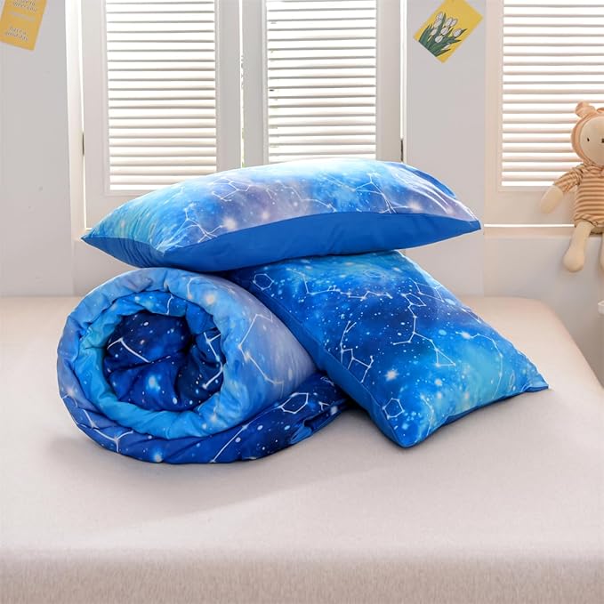 Holawakaka Tie Dye Constellation Print Ombre Comforter Set Twin Size Girls Boys Gradient Galaxy Bedding Set (Cyan,Twin) - LeafyLoom