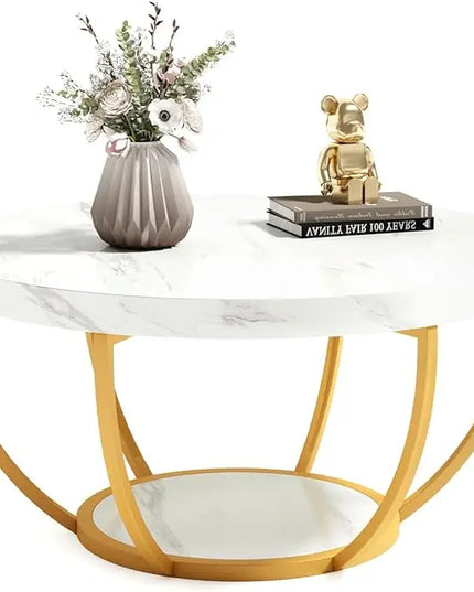 Round Coffee Table, 32" Circle Faux Marble Coffee Tables for Living Room, 2-Tier Golden Metal Legs Accent Center Table with Open Storage Modern Design Home Furniture (White and Gold) - LeafyLoom