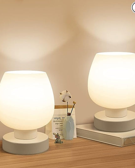 Touch Bedside Table Lamp Set of 2 - Small Modern Table Lamp for Bedroom Living Room Nightstand, 3-Way Dimable Desk lamp with White Opal Glass Lamp Shade, 2700K LED Bulb, Simple Design Home Decor - LeafyLoom