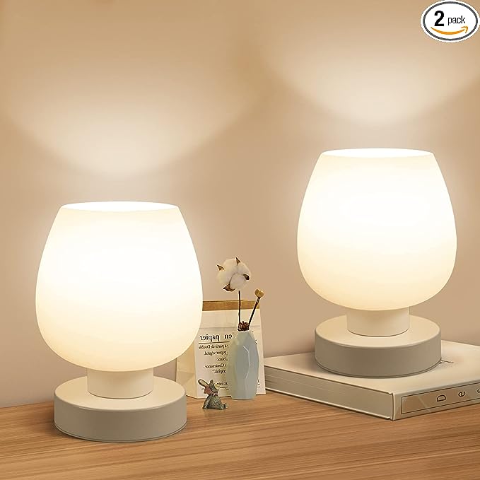 Touch Bedside Table Lamp Set of 2 - Small Modern Table Lamp for Bedroom Living Room Nightstand, 3-Way Dimable Desk lamp with White Opal Glass Lamp Shade, 2700K LED Bulb, Simple Design Home Decor - LeafyLoom