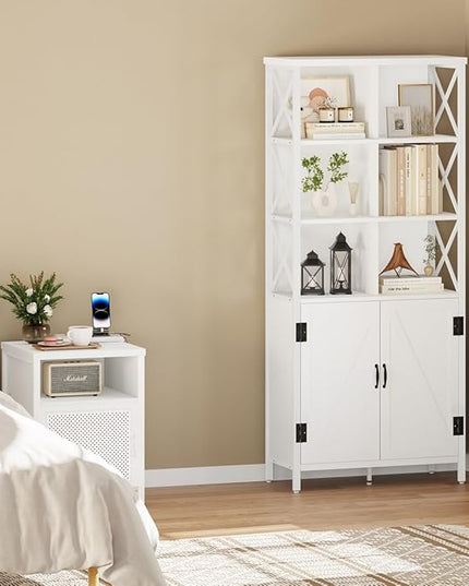 FATORRI Bookshelf with Doors, Modern Tall Bookshelf with Cabinet, Wood Book Shelf and Farmhouse Organizer Storage BookCase for Living Room (White Oak) - LeafyLoom