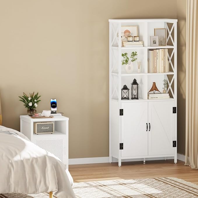 FATORRI Bookshelf with Doors, Modern Tall Bookshelf with Cabinet, Wood Book Shelf and Farmhouse Organizer Storage BookCase for Living Room (White Oak) - LeafyLoom