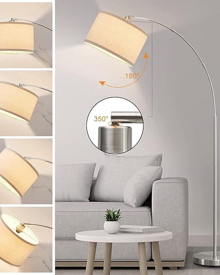 Arc Floor Lamps for Living Room, Silver Modern Floor Lamp, Adjustable Hanging Drum Shade, Tall Pole Lamp with Foot Switch, Over Couch Arched Reading Light for Bedroom, Office, LED Bulb Not Include - LeafyLoom