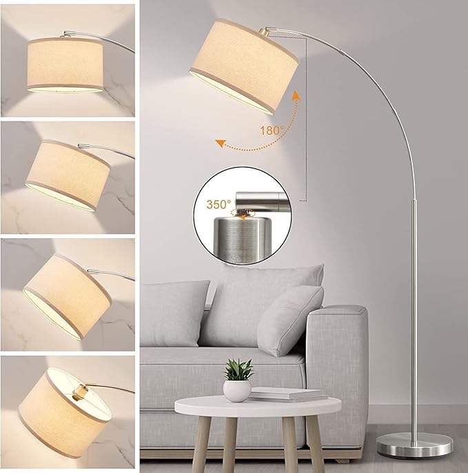 Arc Floor Lamps for Living Room, Silver Modern Floor Lamp, Adjustable Hanging Drum Shade, Tall Pole Lamp with Foot Switch, Over Couch Arched Reading Light for Bedroom, Office, LED Bulb Not Include - LeafyLoom