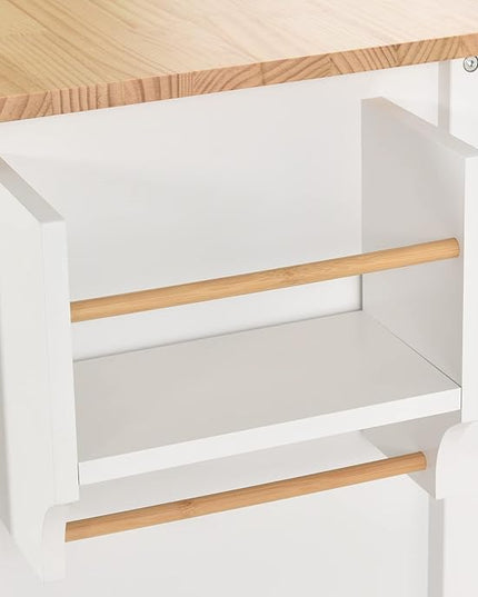 54" W Kitchen Cart on Locking Wheels with Spice Rack, Towel Rack & Wood Top Desktop, Rolling Moveable Kitchen-Island Table with Storage and Side Rack, for Dinning Room - LeafyLoom