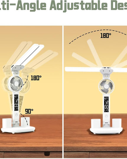 Desk lamp, LED Desk Lamps with Fans, USB Charging Port, Adjustable Foldable Table Lamp with Clock, Date, Fan, Pen Holder, Temperature, Step-less dimming Lighting, Home Office Desk Lamp - LeafyLoom