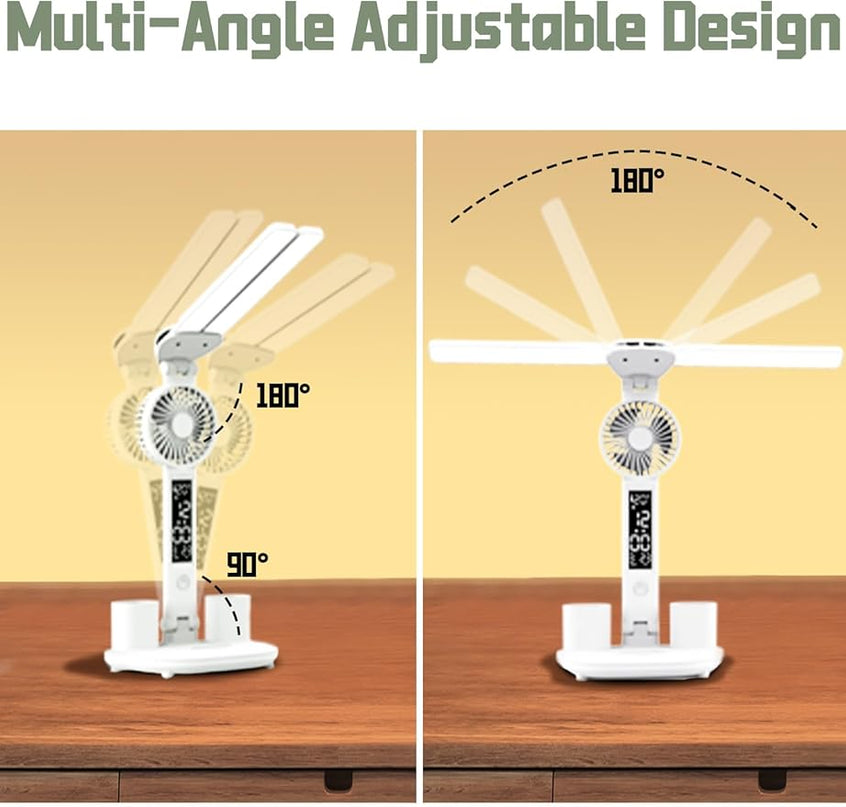 Desk lamp, LED Desk Lamps with Fans, USB Charging Port, Adjustable Foldable Table Lamp with Clock, Date, Fan, Pen Holder, Temperature, Step-less dimming Lighting, Home Office Desk Lamp - LeafyLoom