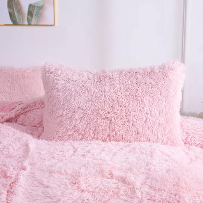 Faux Fur Kids Girls Light Pink Comforter Sets Queen - 3PC Bed Set Warm Comfortable Soft Plush Flannel Velvet Fluffy Fuzzy Bedding（Comforter x 1 Pillowcases x 2） - LeafyLoom