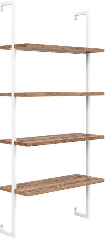 Nathan James Theo 4-Shelf Bookcase, Floating Wall Mount Shelves with Natural Wood and Industrial Pipe Metal Frame, Oak/White - LeafyLoom