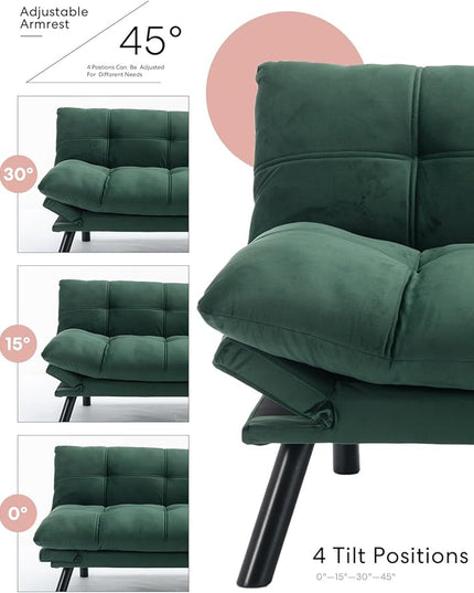 Velvet Convertible Futon Sofa Bed, 71" Comfy Loveseat Sleeper Sofa with Adjustable Backrest Armrest, Strengthen Wood, 7" Thick Padded Cushion, Small 2 Seater Couch for Living Room, Bedroom - LeafyLoom
