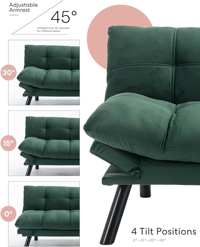 Velvet Convertible Futon Sofa Bed, 71" Comfy Loveseat Sleeper Sofa with Adjustable Backrest Armrest, Strengthen Wood, 7" Thick Padded Cushion, Small 2 Seater Couch for Living Room, Bedroom - LeafyLoom