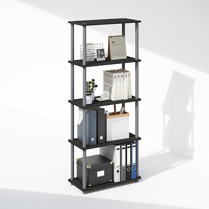 Furinno Turn-N-Tube 5-Tier Multipurpose Compact Display Rack, Shelving Unit, Bookcase, Black/Grey - LeafyLoom
