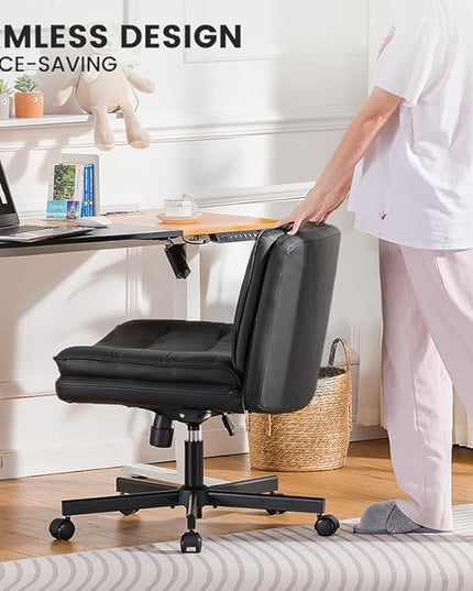 COMHOMA Criss Cross Chair with Wheels, Armless Wide Cross Legged Office Chair Mid Back, Modern Home Office Desk Chair Swivel Adjustable Vanity Computer Chair, Black - LeafyLoom