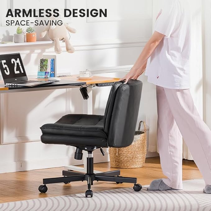 COMHOMA Criss Cross Chair with Wheels, Armless Wide Cross Legged Office Chair Mid Back, Modern Home Office Desk Chair Swivel Adjustable Vanity Computer Chair, Black - LeafyLoom