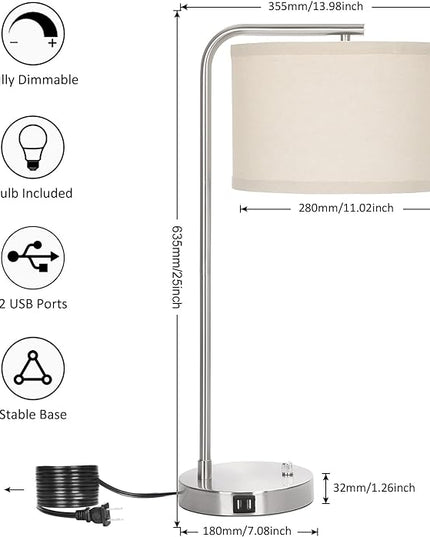 Table Lamp for Living Room, Modern Bedside Lamp with Dual USB Ports, Fully Dimmable Nightstand Lamp with Beige Drum Shade, Silver Finish Side Table Lamp for Bedroom Office, 3000K LED Bulb Included - LeafyLoom