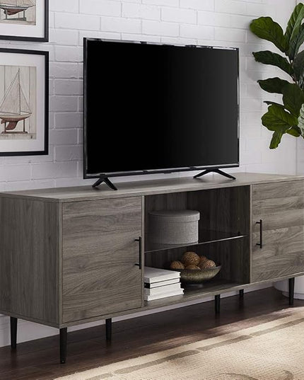 Walker Edison Saxon Mid Century Modern Glass Shelf TV Stand for TVs up to 65 Inches, 60 Inch, Slate Grey - LeafyLoom