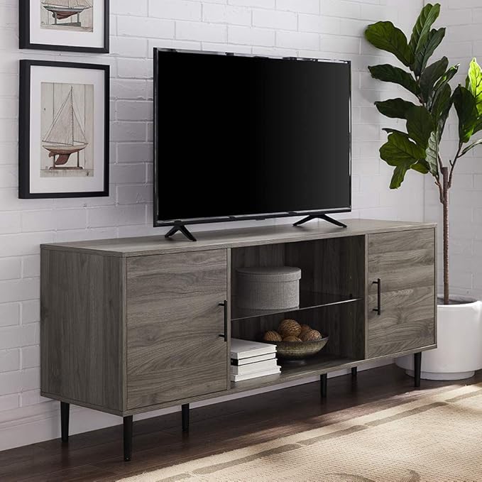 Walker Edison Saxon Mid Century Modern Glass Shelf TV Stand for TVs up to 65 Inches, 60 Inch, Slate Grey - LeafyLoom