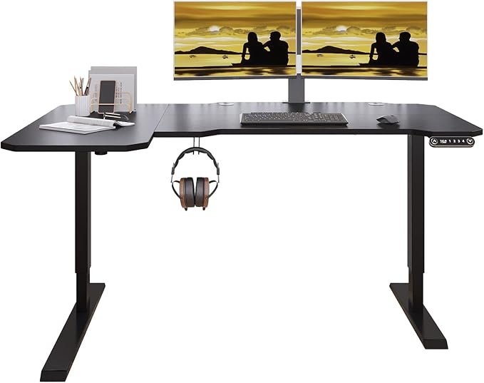 Adjustable Height L-Shaped 59 Inch Electric Standing Desk - Sit Stand Computer Desk, Stand Up Desk Table for Home Office, Black Frame and Top - LeafyLoom
