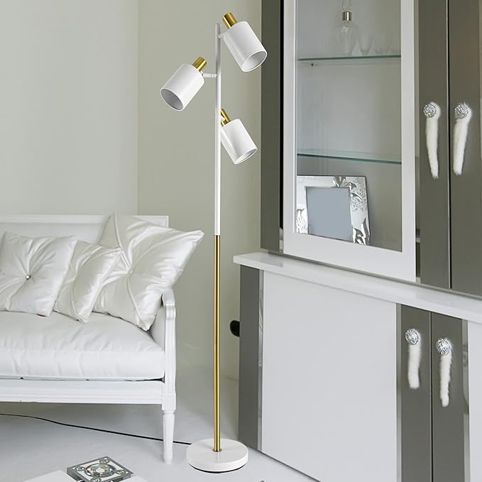 Globe Electric 65538 67" 3-Light Floor Lamp, Matte White, Antique Brass Accents, Pivoting Lamp Heads, in-Line On/Off Foot Switch, Floor Lamp for Living Room, Floor Lamp for Bedroom, Home Improvement - LeafyLoom