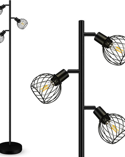 Floor Lamp, Industrial Floor Lamp, Modern Standing lamp with 3 Adjustable Light, 4W E12 LED Bulbs, Metal Stand Up Lamps, Vintage Farmhouse Tree Floor Lamps for Living Room/Bedroom/Office, Black - LeafyLoom