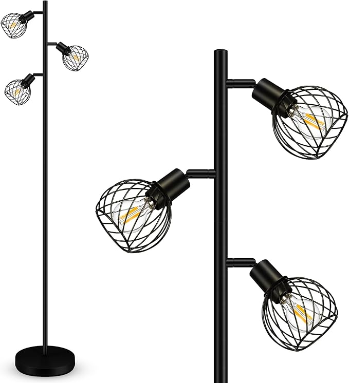 Floor Lamp, Industrial Floor Lamp, Modern Standing lamp with 3 Adjustable Light, 4W E12 LED Bulbs, Metal Stand Up Lamps, Vintage Farmhouse Tree Floor Lamps for Living Room/Bedroom/Office, Black - LeafyLoom