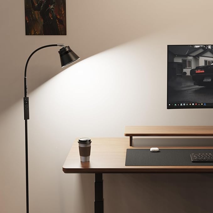AXX LED Reading Floor Lamp for Office/Living Room/Bedroom, 2000LM Bright Dimmable Standing Lamp with Remote for Task and Craft - Black, Adjustable Gooseneck, Industrial, Minimalist, Small, Metal - LeafyLoom