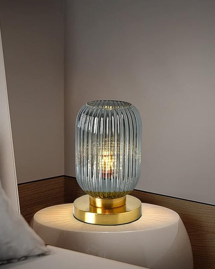 Bedside Table Lamp Mid Century Glass Table Lamps Modern Globe Table lamp Gold Desk lamp nightstand lamp with Pumpkin Design with Ribbed Glass Shade for Bedroom Living Room Office (Smoke gray) - LeafyLoom