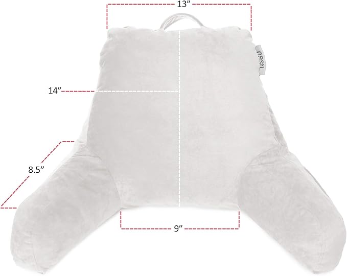 Clara Clark Reading Pillow for Kids, Small Back Pillow for Sitting Up in Bed, Memory Foam Back Support Pillow, Reading Pillows for Sitting in Bed, White Gaming Pillow for Bed with Arms and Pockets - LeafyLoom