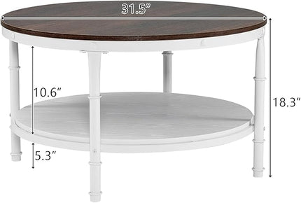 VINGLI 31.5" Rustic Oak White Wood Round Farmhouse Coffee Table, 2-Tier Storage Wood Center Circle Accent Table for Living Room, Bedroom, Apartment, Studio and Small Spaces, Sturdy Metal Frame - LeafyLoom