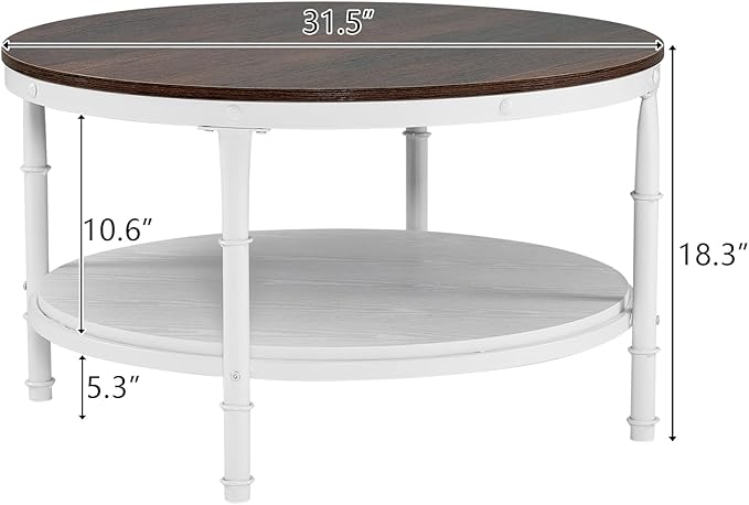 VINGLI 31.5" Rustic Oak White Wood Round Farmhouse Coffee Table, 2-Tier Storage Wood Center Circle Accent Table for Living Room, Bedroom, Apartment, Studio and Small Spaces, Sturdy Metal Frame - LeafyLoom