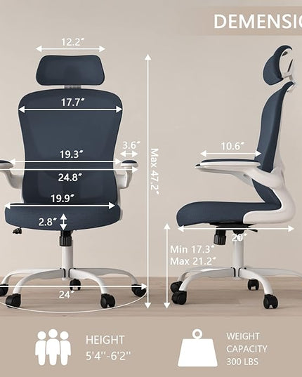 Office Chair, High Back Ergonomic Desk Chair, Breathable Mesh Desk Chair with Adjustable Lumbar Support and Headrest, Swivel Task Chair with flip-up Armrests, Executive Chair for Home Office - LeafyLoom