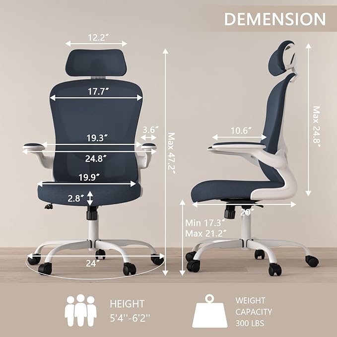 Office Chair, High Back Ergonomic Desk Chair, Breathable Mesh Desk Chair with Adjustable Lumbar Support and Headrest, Swivel Task Chair with flip-up Armrests, Executive Chair for Home Office - LeafyLoom