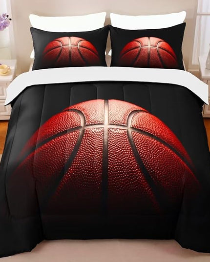 Teens Boys Sports Comforter Set Queen,Basketball Bedding Set for Kids,Sports Orange Basketball Comforter Sets,Black Teenage Boy Bedroom Bed Set 3 Pieces with Pillowcases - LeafyLoom
