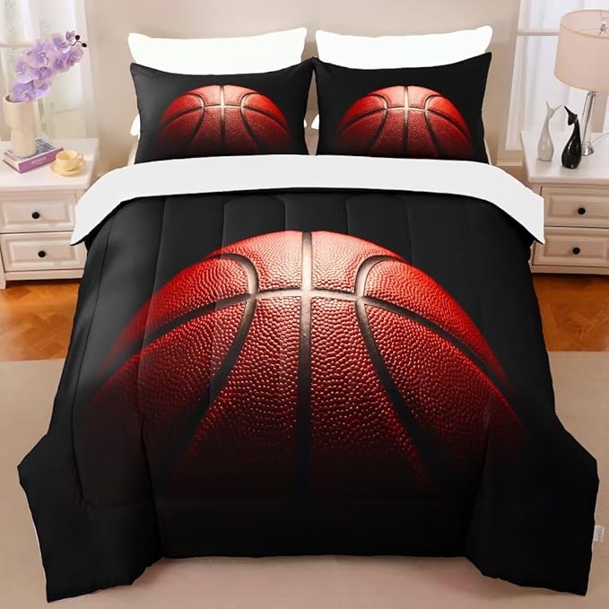 Teens Boys Sports Comforter Set Queen,Basketball Bedding Set for Kids,Sports Orange Basketball Comforter Sets,Black Teenage Boy Bedroom Bed Set 3 Pieces with Pillowcases - LeafyLoom