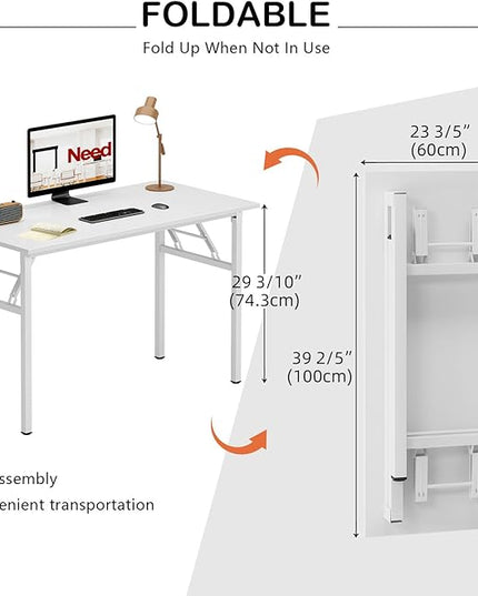 Need Folding Desk for Home Office 39-3/8" Length Modern Folding Table Computer Desk No Install Needed White Color Desktop White Frame AC5DW(100 * 60) - LeafyLoom