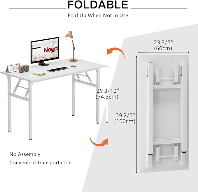 Need Folding Desk for Home Office 39-3/8" Length Modern Folding Table Computer Desk No Install Needed White Color Desktop White Frame AC5DW(100 * 60) - LeafyLoom