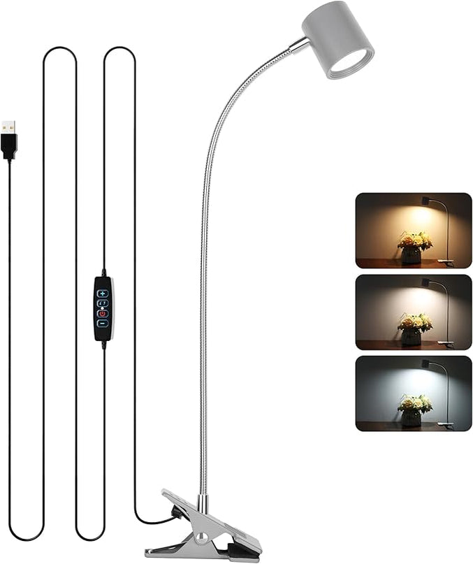 Dott Arts Desk Lamp,USB Clip On Light with 3 Color Modes,LED 10 Levels Brightness Reading Lamp, 360°Gooseneck Book Light,Eye-Care Reading Light for Home Office,Headboards Grey - LeafyLoom